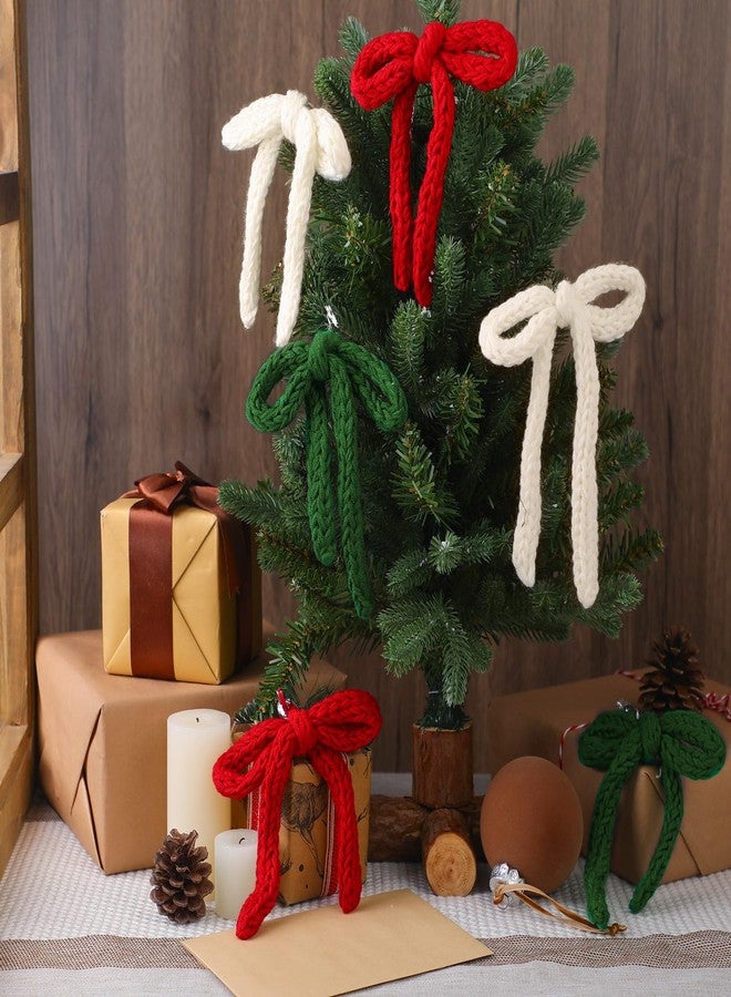 Glitinsel 24 Pcs Knitted Bows Christmas Tree Ornaments 7 Inch Boho Farmhouse Crochet Bows Neutral Rustic Hanging Ornaments for Xmas Tree Wreath Garland Decorations(Red, Beige, Green,Chunky) - Image 3